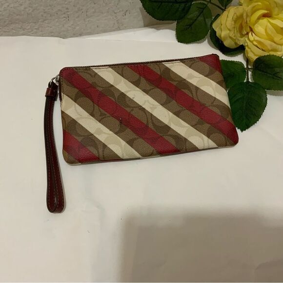 Coach Signature Striped Large Zip Close Wristlet Purse Clutch - Picture 3 of 8